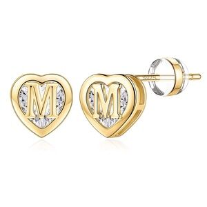 Gold Heart Initial Letter M Stud Earrings